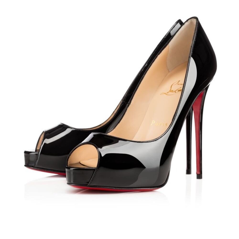 Christian Louboutin Black Patent Peep-Toe Stiletto Heels with Red Sole